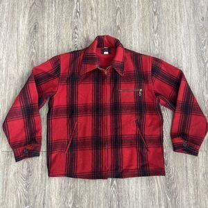 Vtg Johnson Woolen Mills Wool Hunting Jacket Size 42 mackinaw Red Plaid 70s 60s